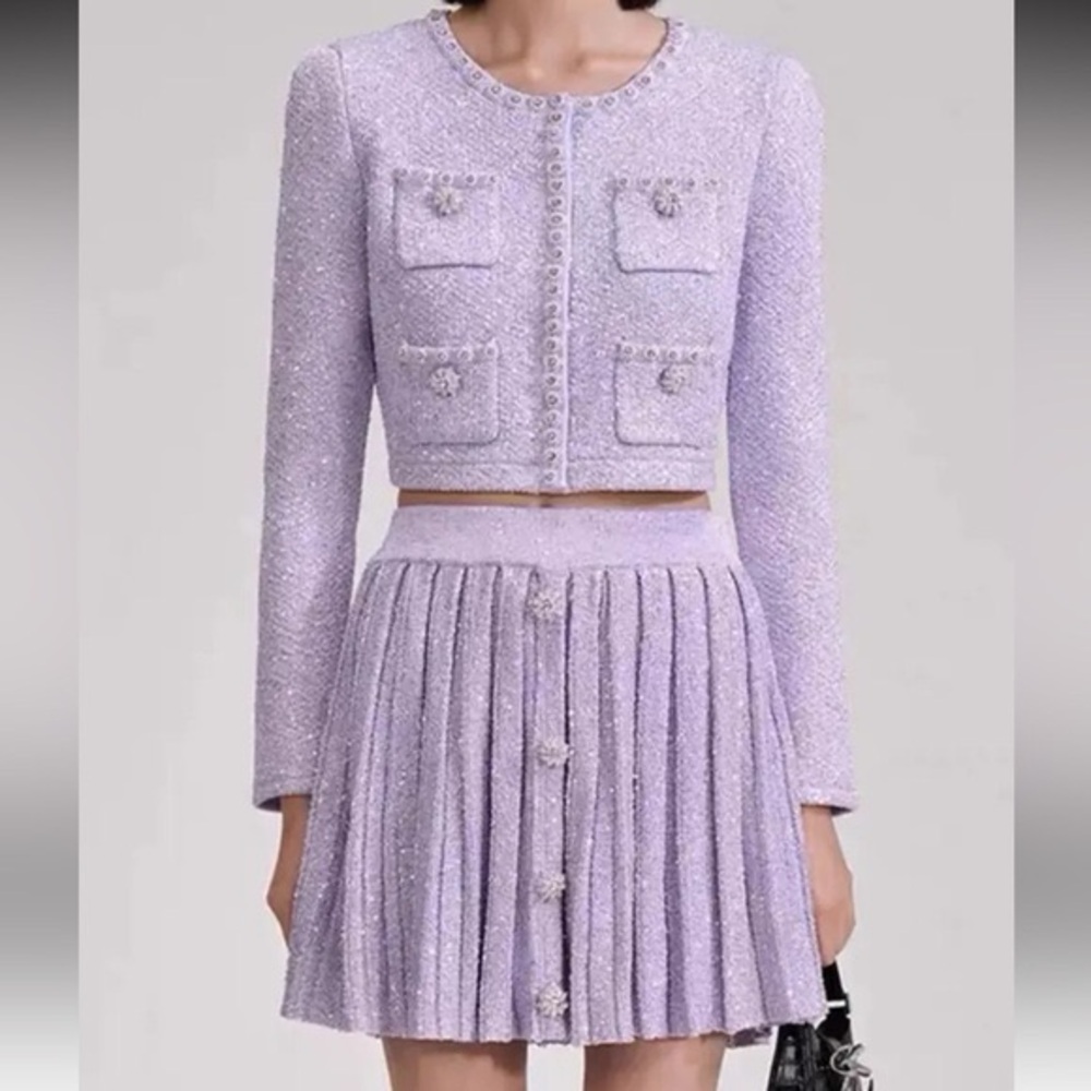 NEW SELF-PORTRAIT sequin pleated knit Skirt and Cardigan Set in purple